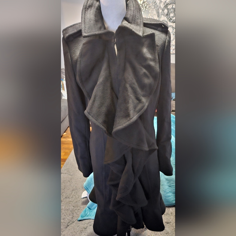 Express Black Ruffled Wool Coat Vintage